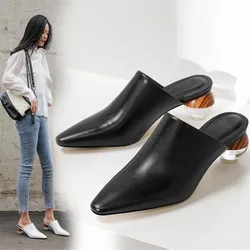 NEW Summer Women Mules Cowhide Shoes for Women Cover Toe Chunky Heel Slippers Square Toe High Heels Crystal Heel Women Sandals