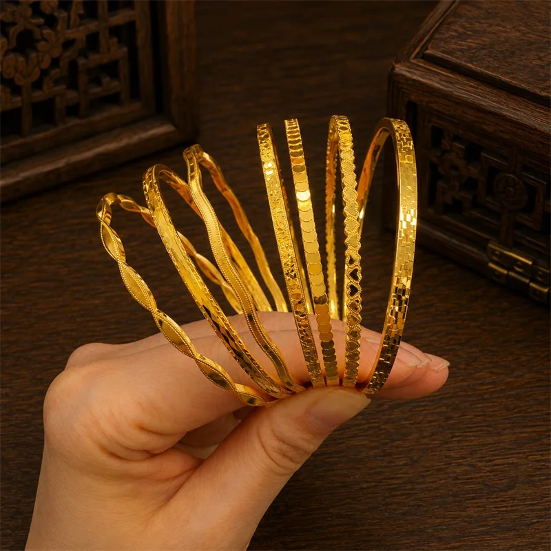 14K Gold Plated Stainless Steel Closed Bangle, Ladies Multi‑Pattern Stackable Thin Bangle Fashion Party Jewelry
