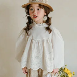 Autumn Girls Hollow Lace Loose Blouse Korean Ins New Baby Girl Ruffled Crew Neck Long-Sleeved Elegant And Cute Shirts