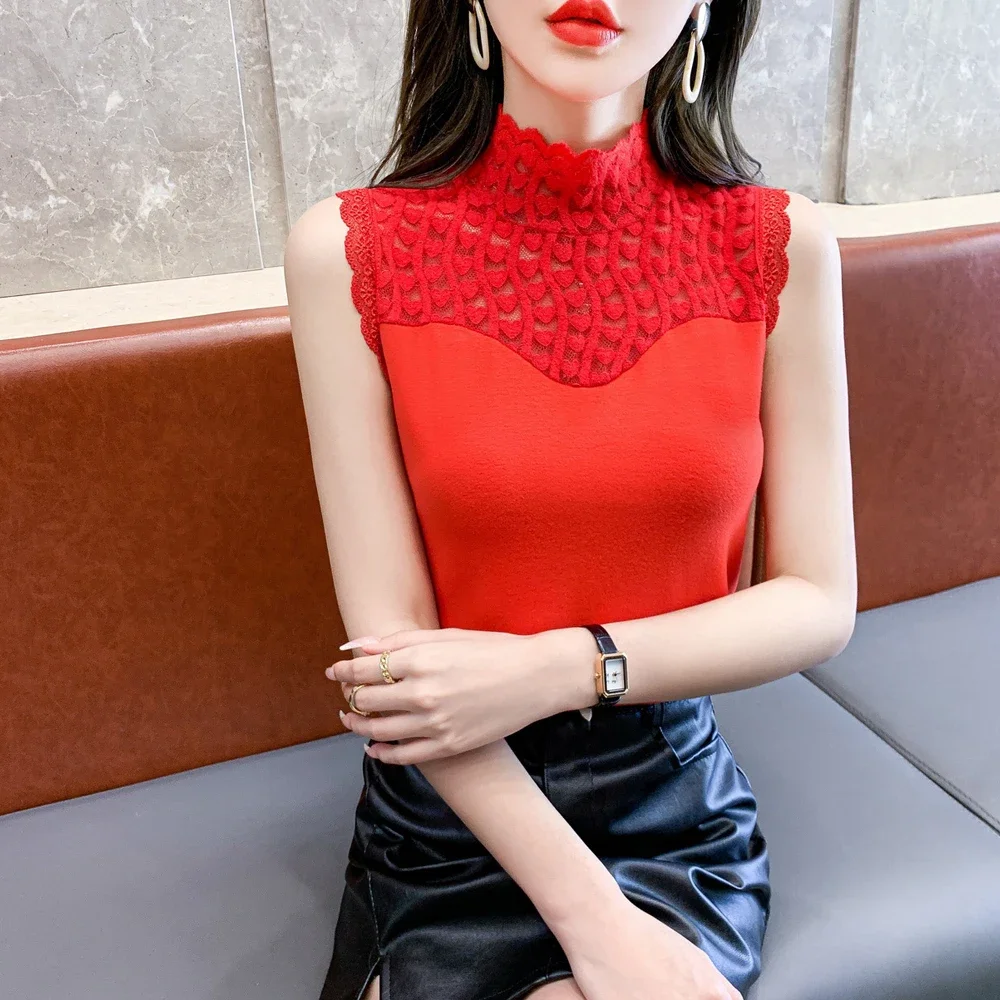 

Women Hollow Out Lace Tank T Shirt Girl S-XL Knit Pullovers Female Solid Sleeveless Half High Neck Top Slim Office Ladies Vest