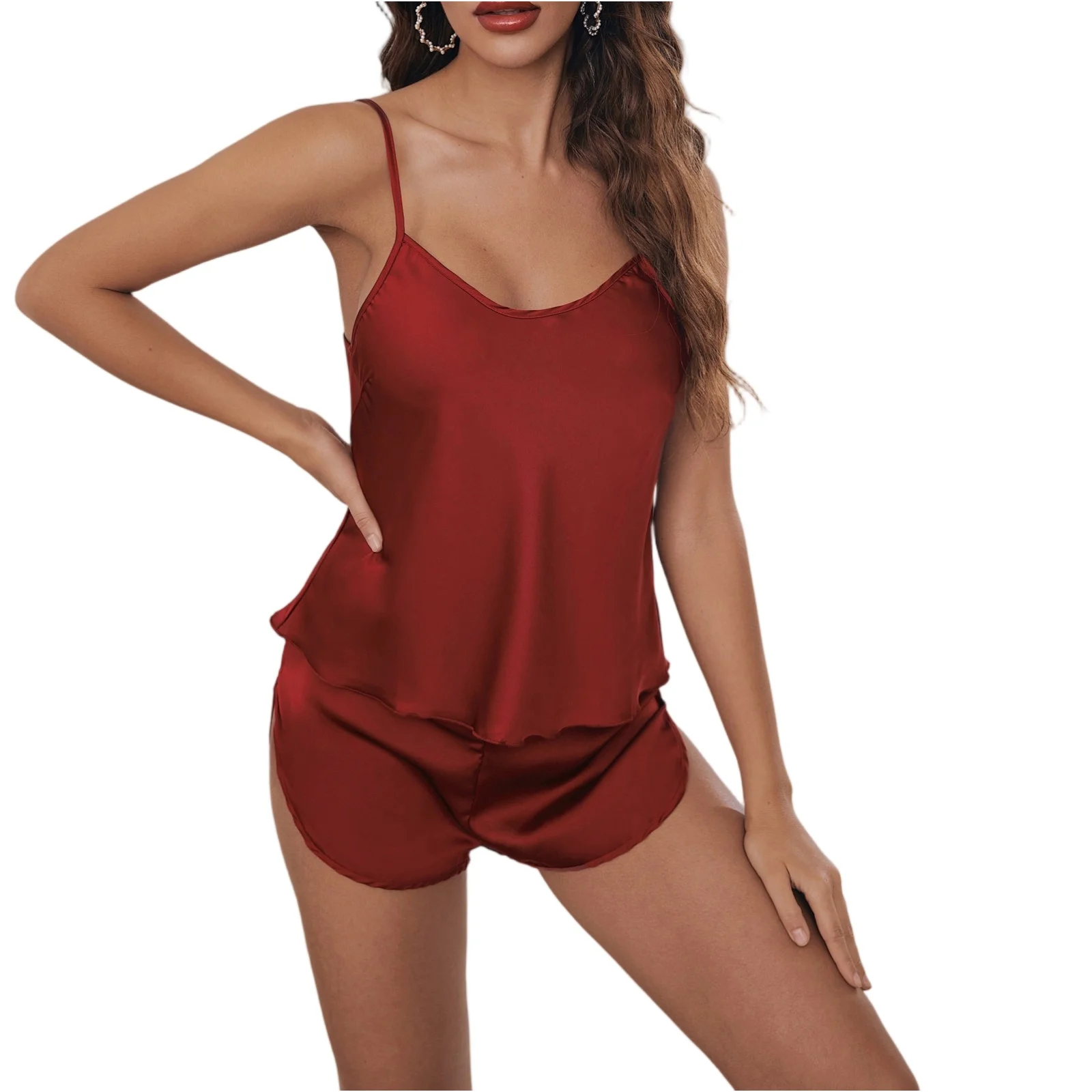 

New Comfortable Satin Chiffon Sleepwear Homewear Simple Design Sleeveless Pajama Solid Color Two-Piece Backless Top Shorts Set