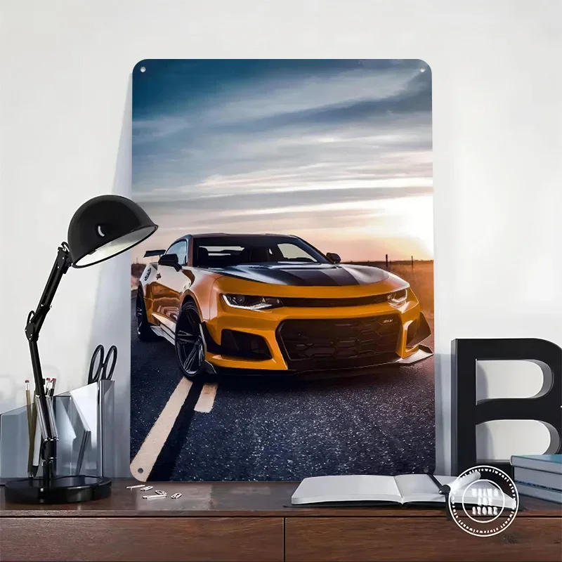 Yellow Camaro Muscle Car Poster Customized Vintage Metal Signs Wall Art Retro Tin Plaque for Garage Home Decoration Luxury Decor