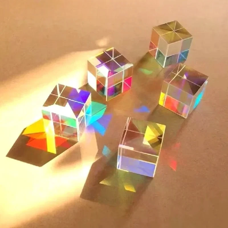 Prism Six-Sided Bright Light Crystal Rainbow Combine Cube Prism Stained Glass Beam Splitting Prism Mini Optical Experiment Craft