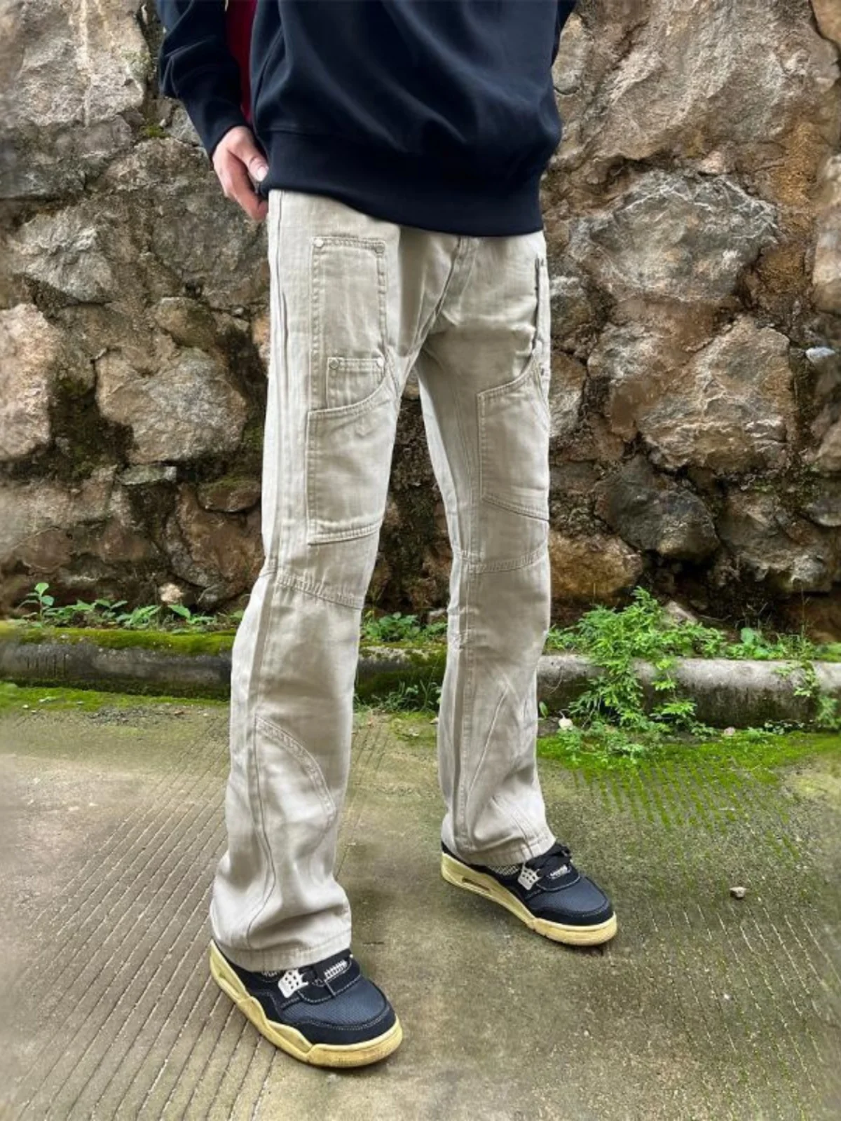 

American Retro Vibe Spliced Workwear Jeans Men's CleanFit High Design Slimming Pants Cotton Straight Leg Loose Fit Jeans