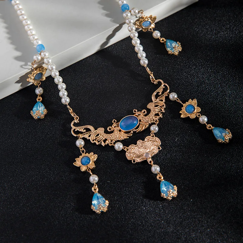 Ancient Pendant Necklace Chinese Hanfu Accessories Girls Pearl Blue Crystal Chain Necklace Ming Dynasty Costume Decor Jewelry