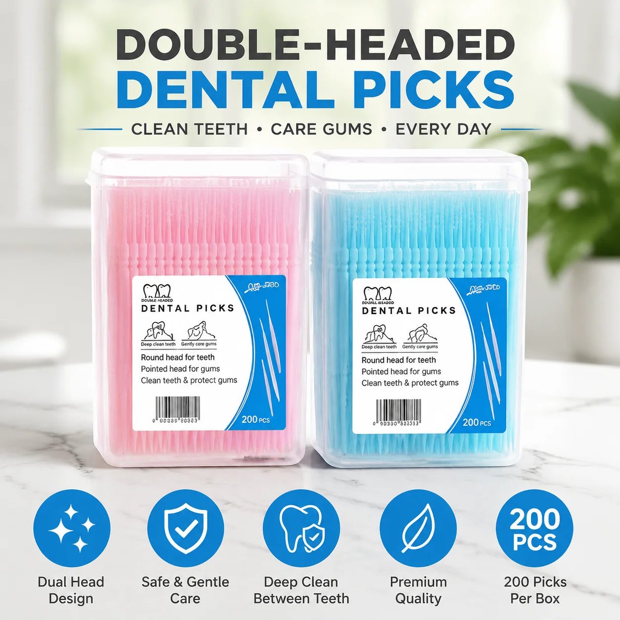 2 in 1 Dual-Function Toothpick and Interdental Brush 200 Pcs/Box, Multi-Color Disposable Tooth Gap Cleaner