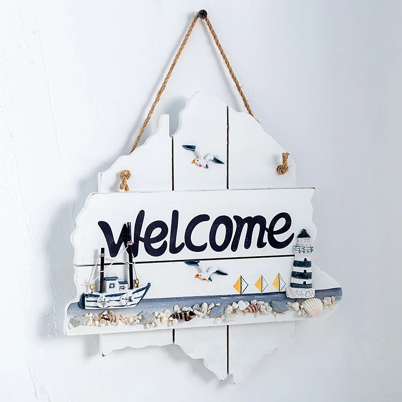 

Wooden Mediterranean Style Hanging Decoration Ocean Series Welcome Wall Plaque Nautical Theme Shop Decorations