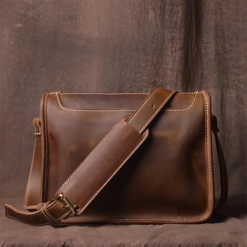 Vintage Top Layer Cowhide Leather Crossbody Bag Handmade Crazy Horse Square Shoulder Purse Unisex