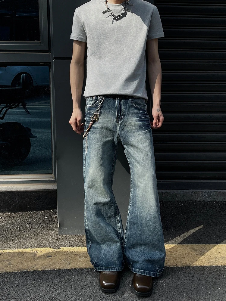 

Cleanfit American High Street Men's Blue Craed Waed Bell Bot Jeans Slimming Trendy Long Trousers Straight Cut Jeans