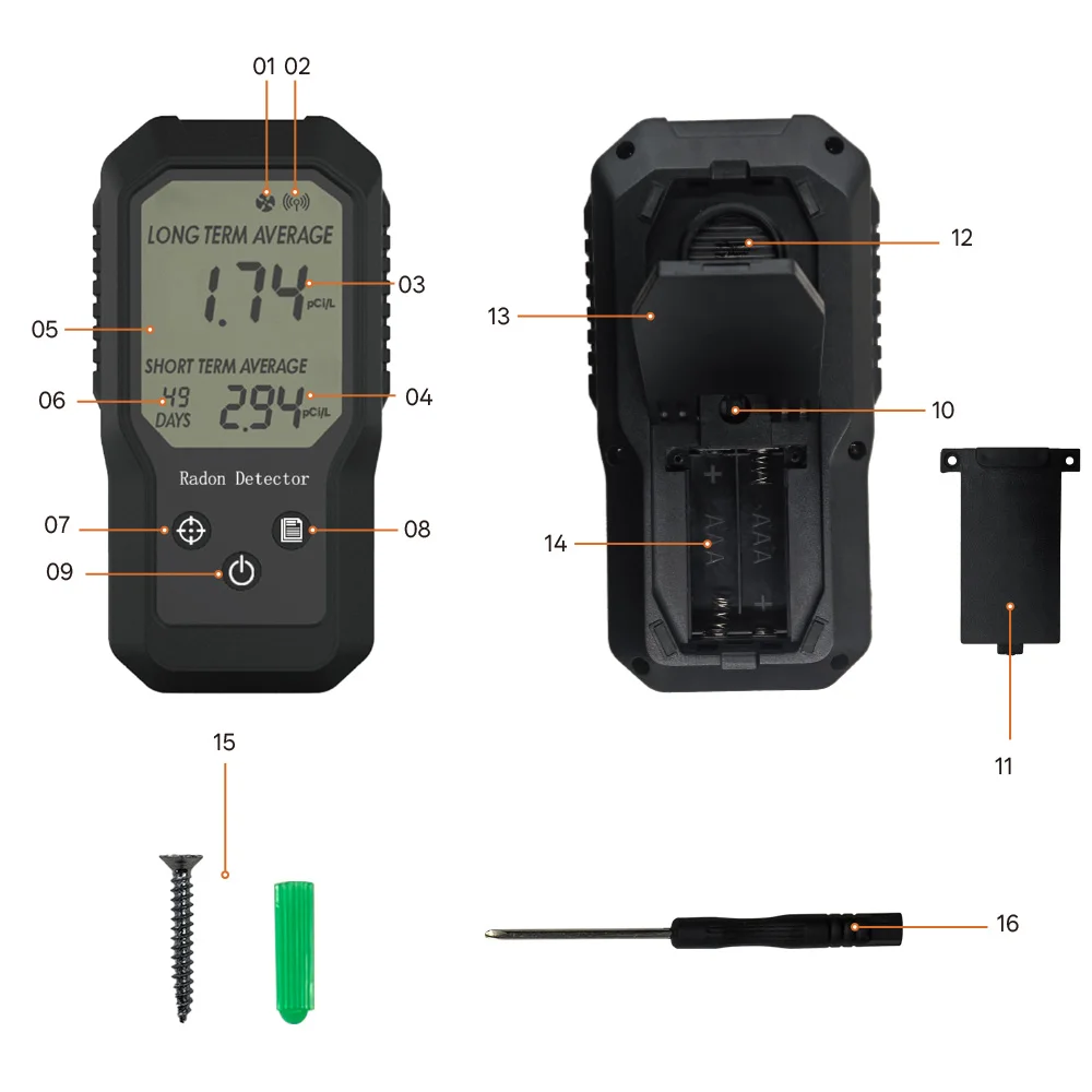 Battery Power Radon Detector with Short-Term and Long-Term Measurement Support Manual Calibration for Basement House Monitor