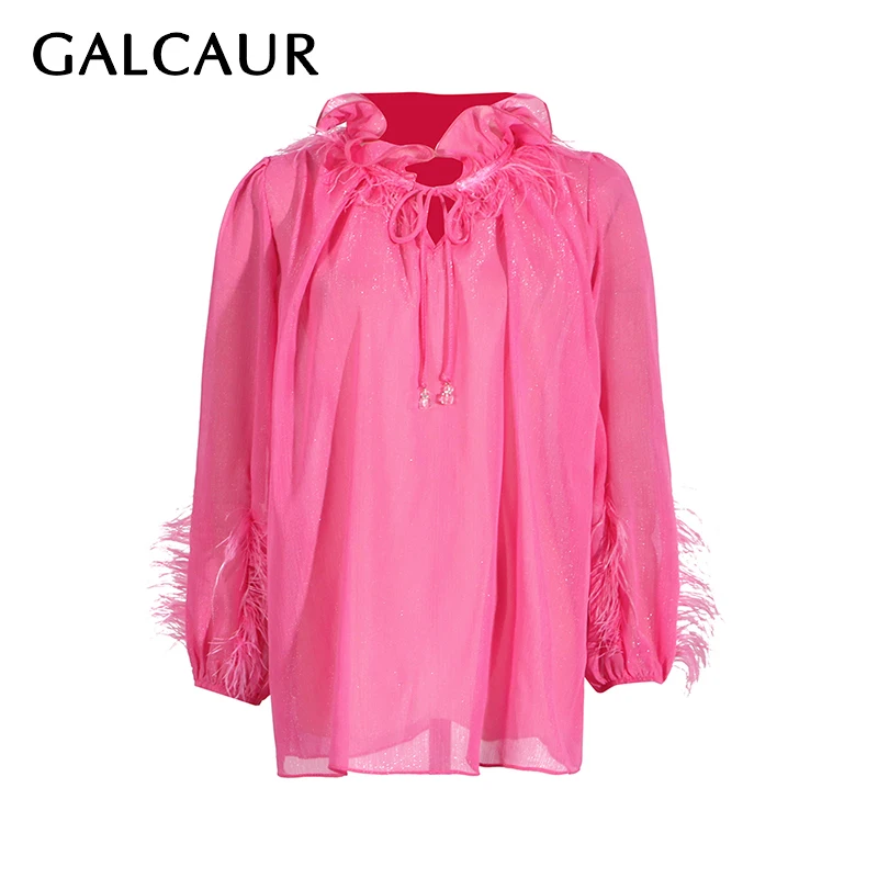 

GALCAUR Casual Solid Patchwork Feather Shirts For Women Ruffled Long Sleeveless Spliced Lace Up Minimalist Loose Blouses Female