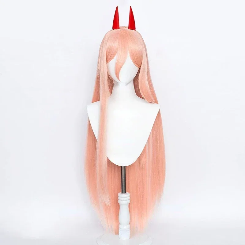 Anime Chainsaw Man Makima Power Cosplay Wig Long Orange Pink Heat Resistant Synthetic Hair Party Role Play Wigs + WigCap + Horns