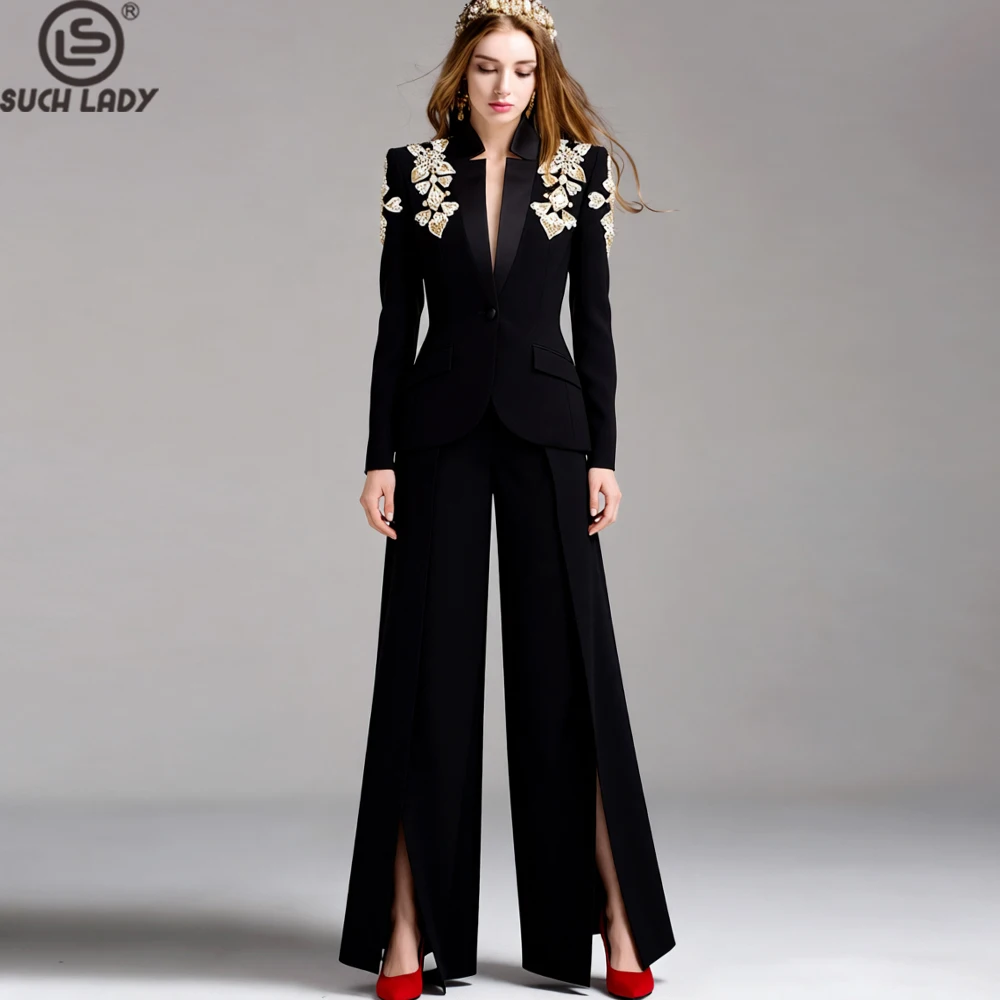 Women's Black Blazer & Wide Leg Pants 2 Piece Suit Set Luxurious Gold Silver Beaded Embroidery Formal Suit with Side Split