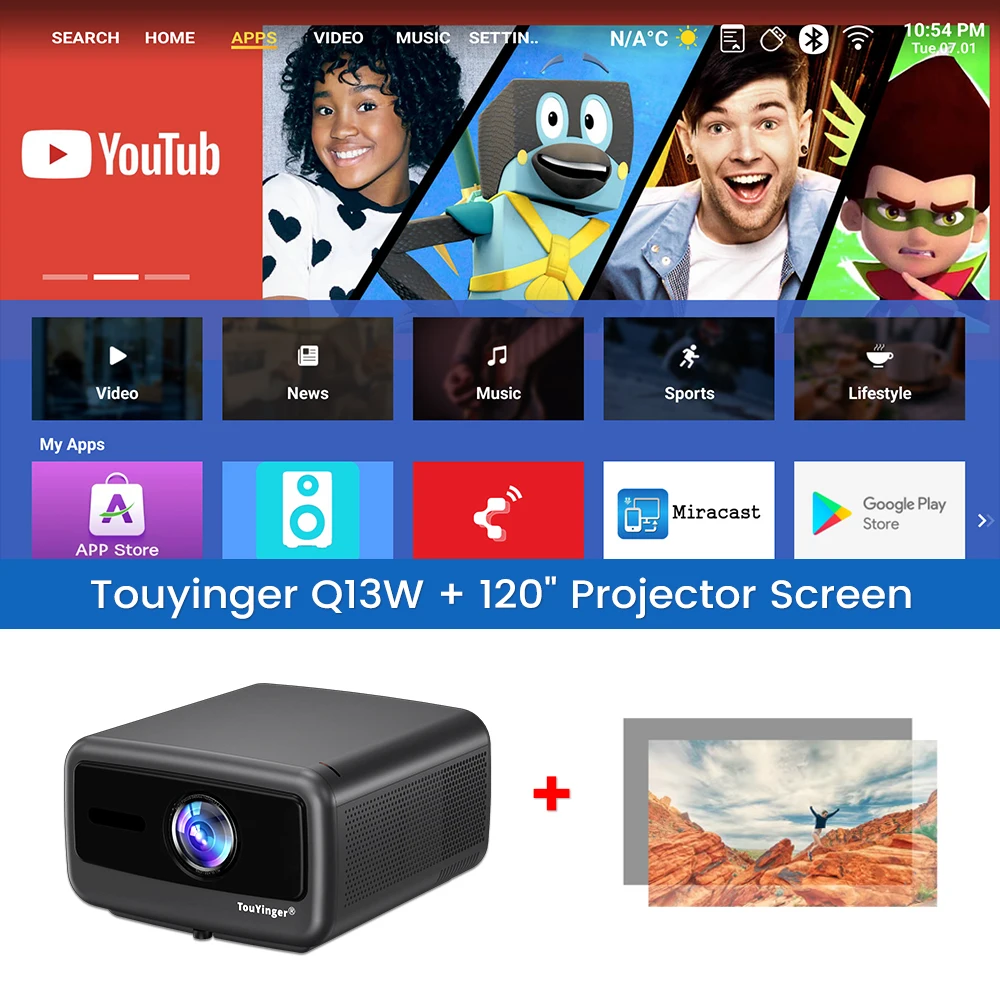 Touyinger Q13W 3800 Ansi Full HD 4K-projectoren Home Theater Video 3G 128G Smart TV Beamer voor films