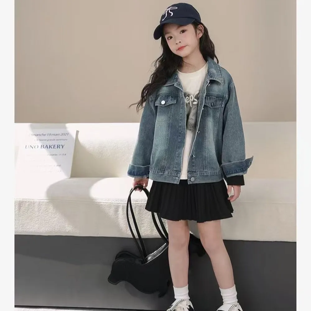 

4-12Y Teenage Girl Denim Jacket Spring and Autumn 2026 New Loose and Stylish Children's Casual Coat Korean Version Top 110-160cm