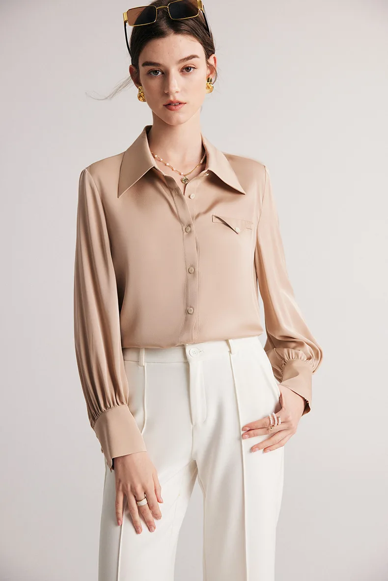 Women's Natural Shirt Turn Down Collar Long Sleeves Flap Elegant Fashion Blouse Tops