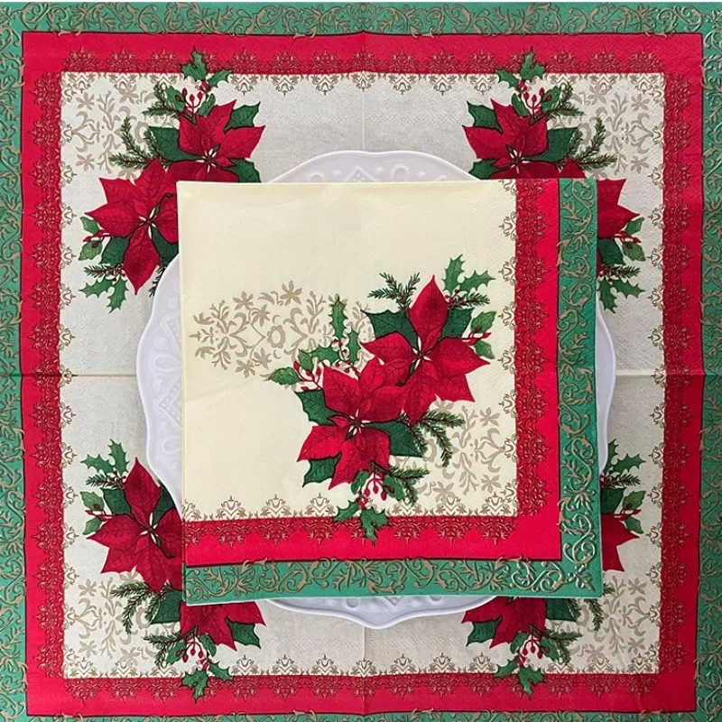 10/20pcs 2Ply 33cm Christmas Napkins Red Christmas Flowers Printed Paper Napkins Disposable Placemats Colourful Printed Napkins