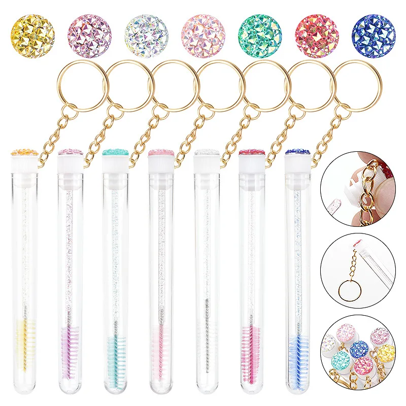 10 Pcs Women Lash Extension Micro Comb Container Makeup Tools Tube Eyelash Brush With Gold Keychain Glitter Mascara Wand For