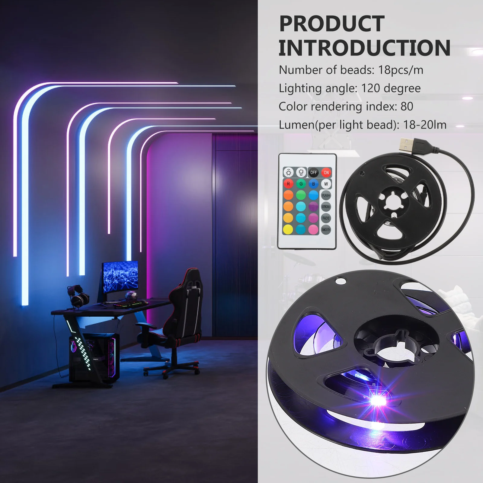 

Rgb LED Strip Light with Remote and App Control USB Powered Self-Adhesive Trimable Tape Light for Bedroom Kitchen Ceiling Room