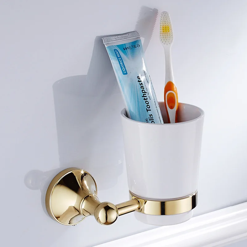 

Simple retro toothbrush cup holder brass antique golden ceramic cup New bathroom pendant mouthwash cup toothbrush