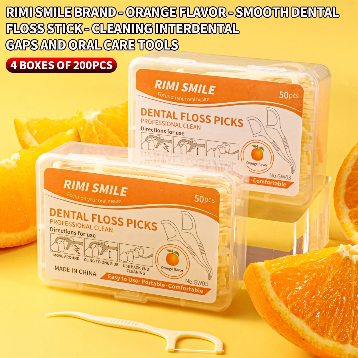 

Зубочистки-флоссеры RIMI SMILE с апельсиновым вкусом, 200 штук, с высокопрочной гладкой нитью для ежедневного ухода за полостью рта