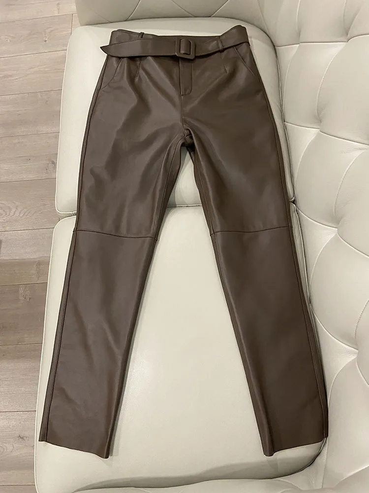 Korean Fashion Cargo Pants Women High Waist 2023 Spring New Genuine Leather Pants Slim With Belt Luxury Streetwear Trousers