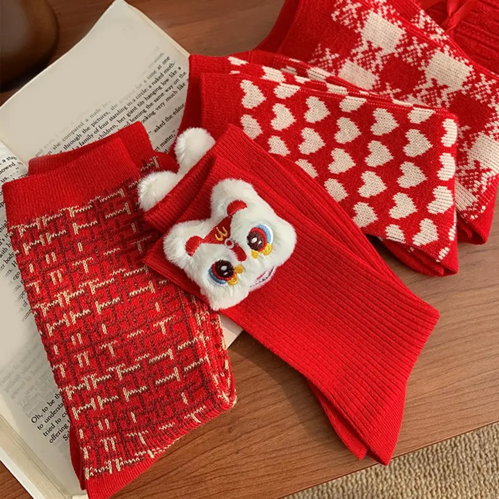 Women Mid-tube Socks Festive Cartoon Dragon Bow Decor Mid-tube New Year Socks for Adults High Elasticity Anti-slip Thick Warm