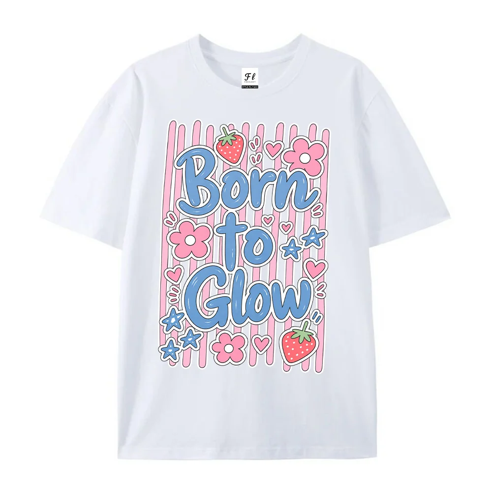 Born To Glow Strawberry T Shirt Cute Y2K Aesthetic Pink Floral Graphic Tees Women Loose Fit Cotton Short Sleeve Tops Gift