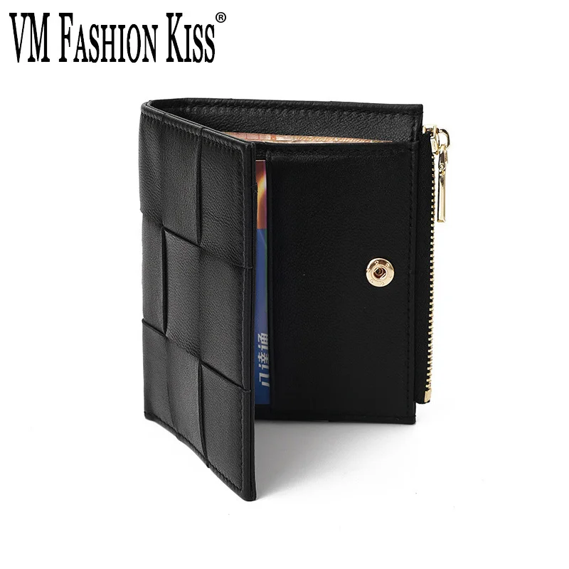 

2023 New Men Women Wallets 100% Leather Top Baby Sheepskin Short Money Clip Fashion Woven Luxury Brand Wallet Simple Business