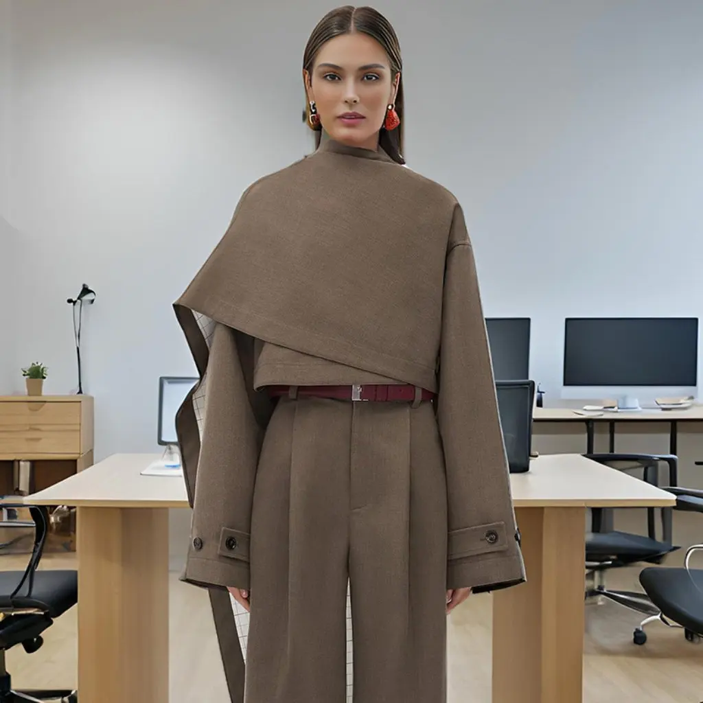 

Women's European And American Style Short Suit Jacket Asymmetrical High Waist Design Cloak Shawl Small Fit for