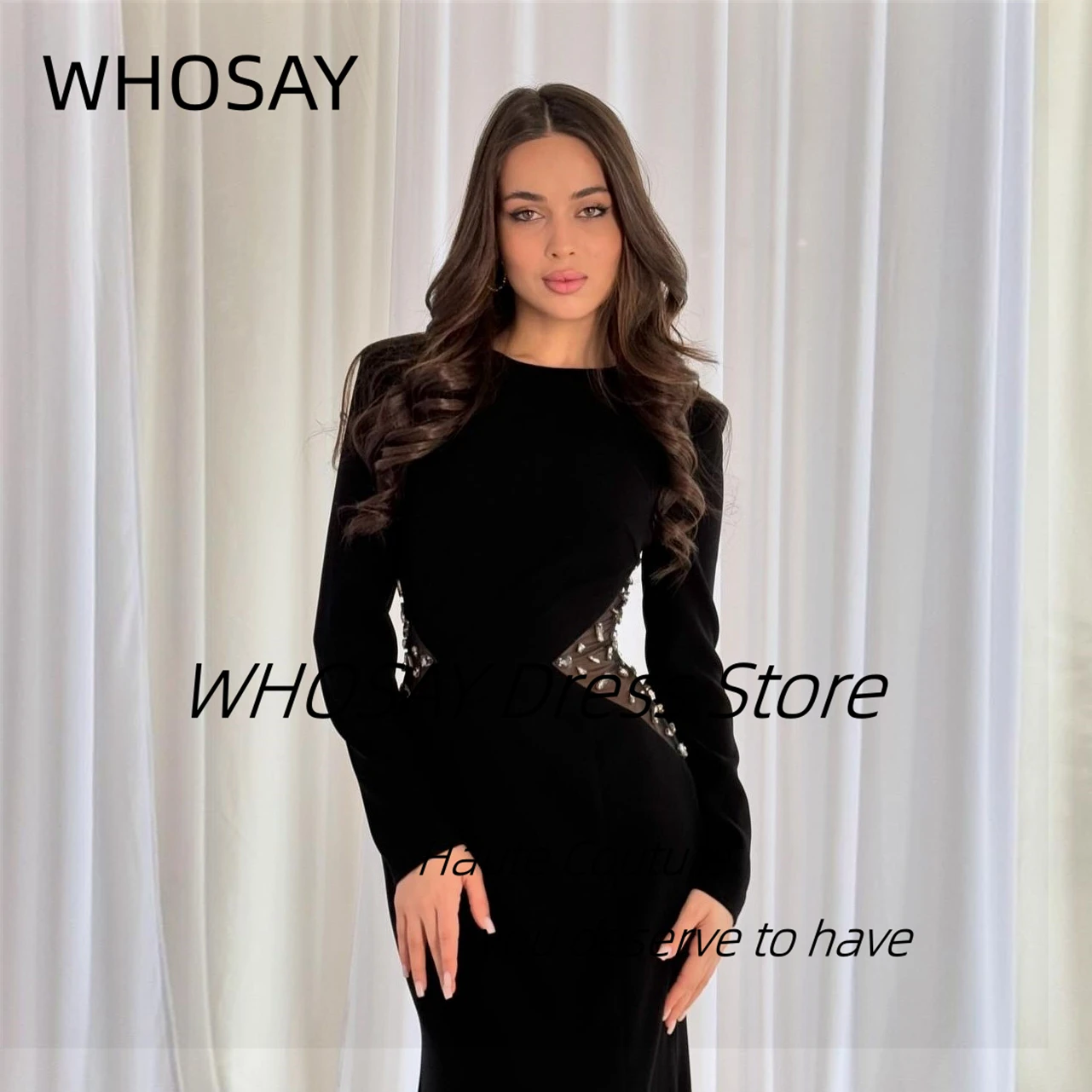 WHOSAY Black Evening Dresses 2024 Crew Neck Long Sleeves Prom Dress Beaded Sash Vestidos Party Special Banquet Women Wear