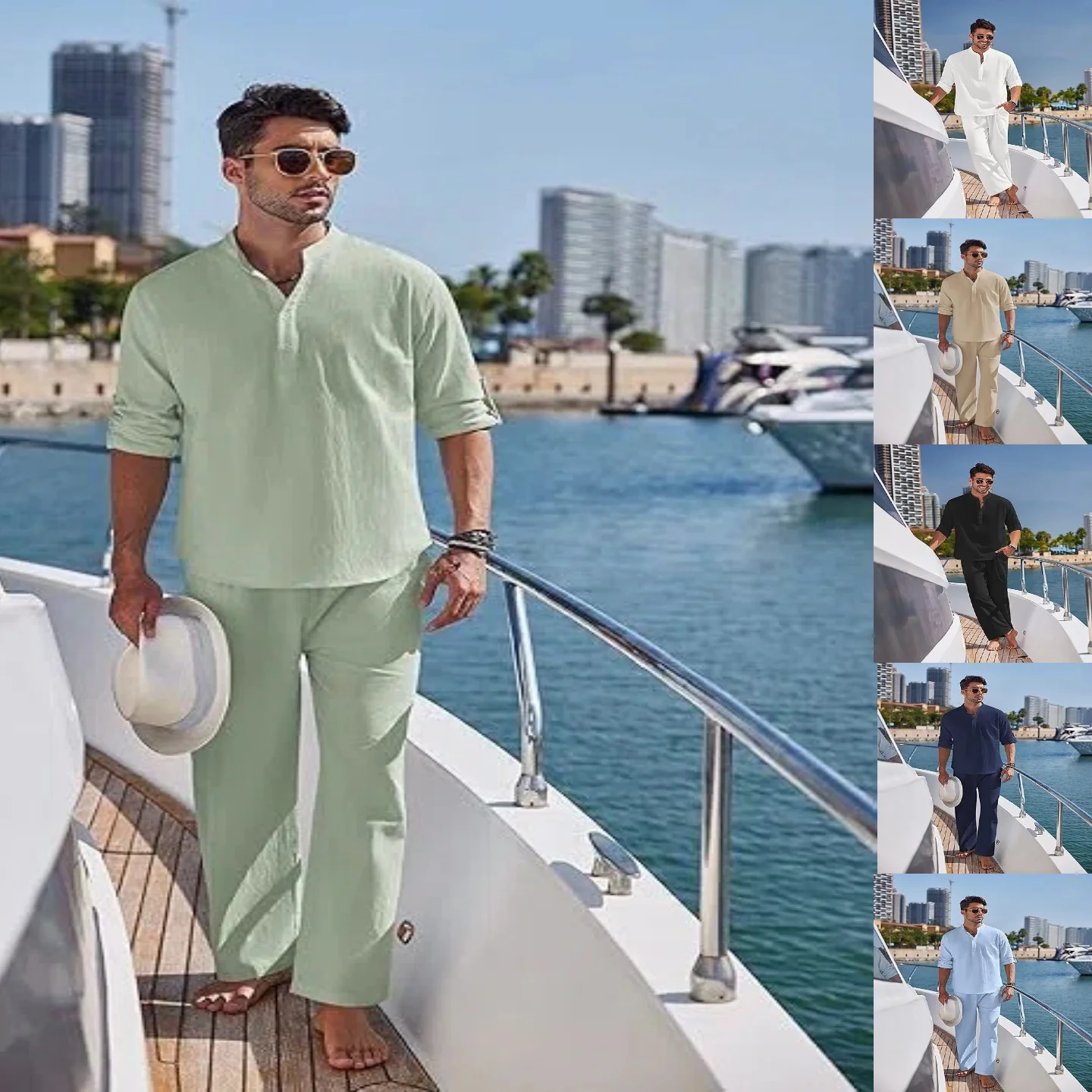 Spring/Summer New Style Men's Cotton-Linen Solid Color Fashionable Casual Breathable Travel Long-Sleeved, Long Pants Set