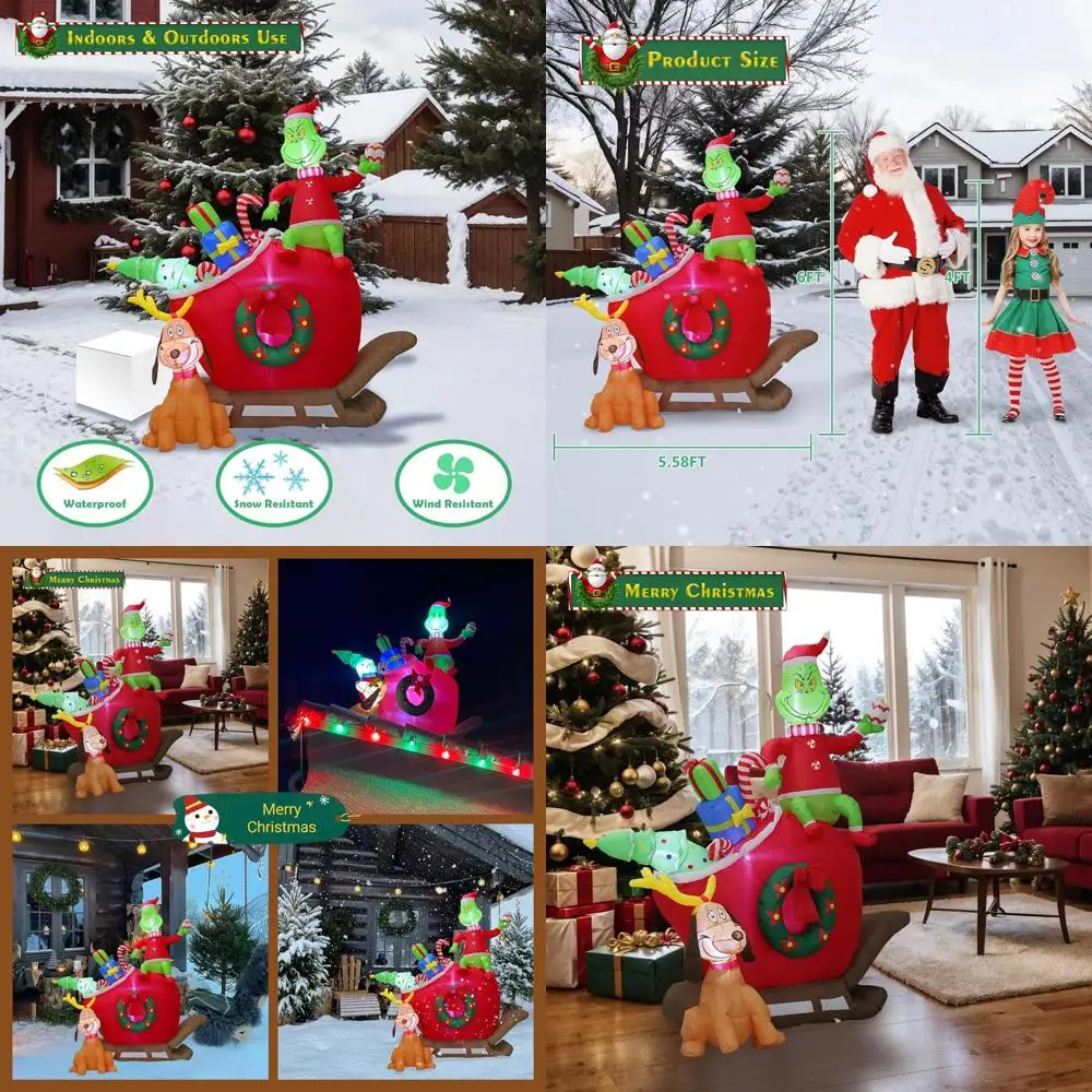 

Зеленые монстры и сани для собак, рождественские уличные надувные украшения со светодиодной подсветкой, газонный сад, рождественский декор для двора