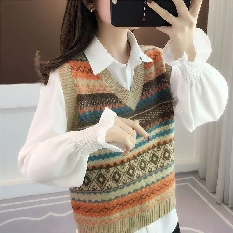 Autumn Winter V-Neck Sleeveless Fair Isle Sweater Retro Elegant Knitted Vest New Women\'s Sweater Slim Tank Top Pullover Blouse