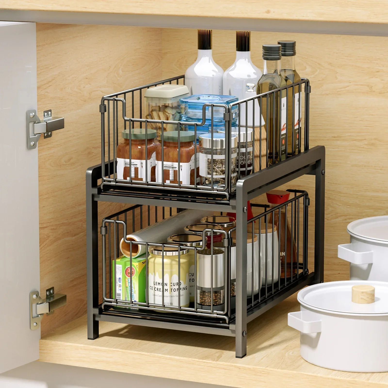 

Under Sink Shelf Cabinet Organizer 2-Layer Removable Pull-Out Kitchen Under Sink Organizer Storage Rack with Drawers