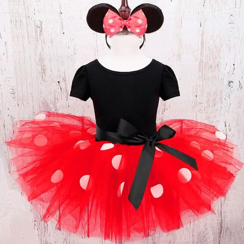 Myszka kreskówkowa ubrania dla dzieci z krótkim rękawem Polka Dot sukienka księżniczki urodziny dziewczynek ubrania kostiumy Cosplay 1-6Y
