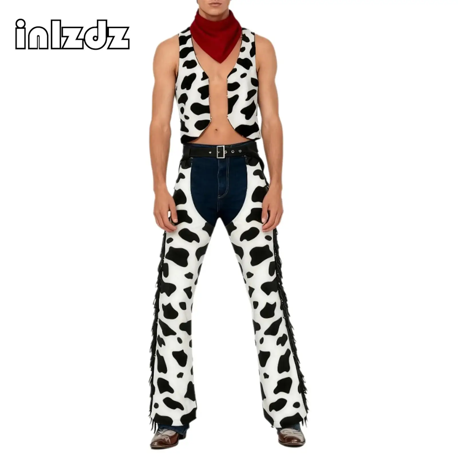 

Men Retro Cowboy Cow Dress-up Outfits Open Front Vest Long Pants And Square Scarf Bandanna for Halloween Cosplay Performance Set