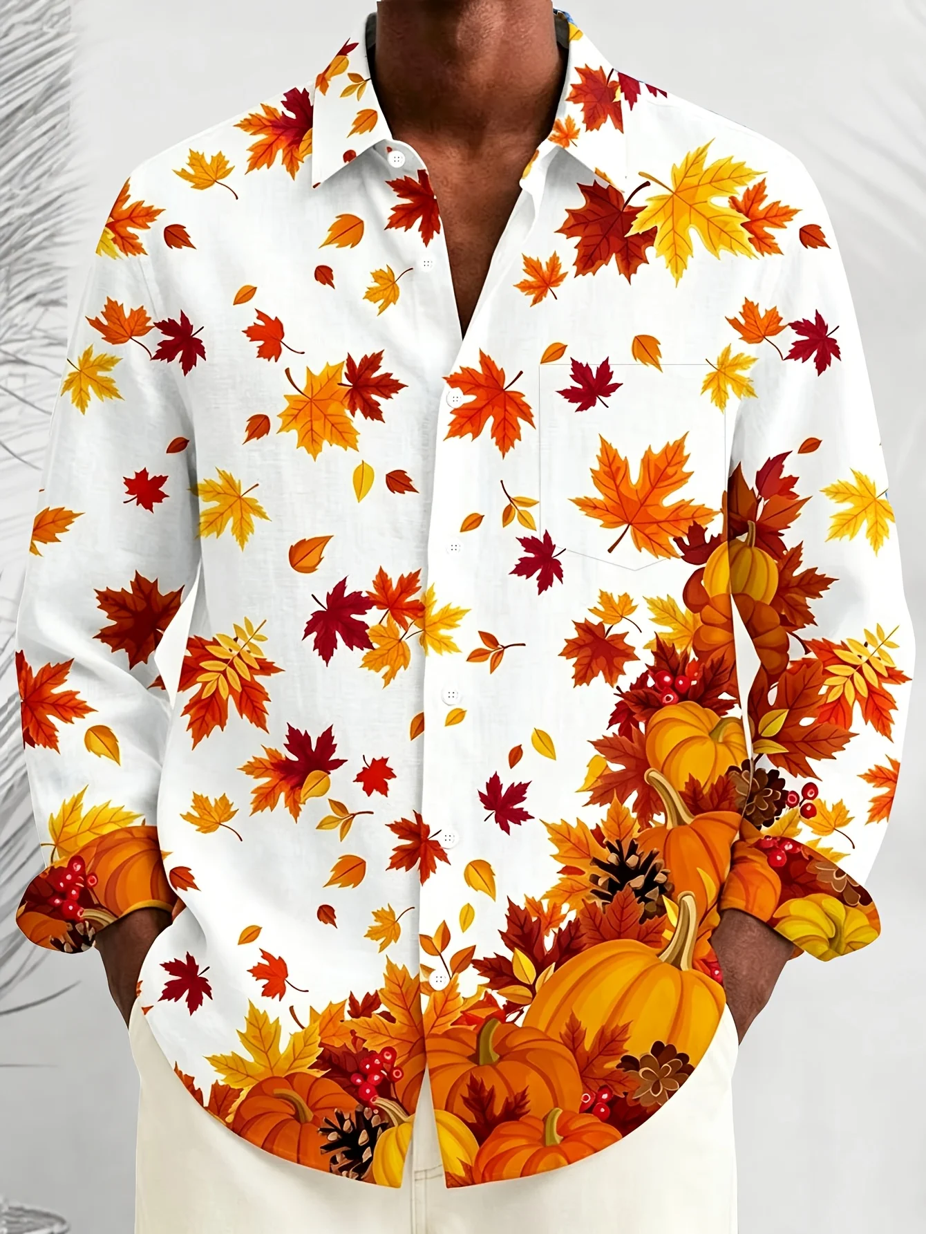 2026 Men's Long Sleeve Shirt Fashion New Street Top Autumn Maple Leaf Pumpkin Print Casual Daily Men Clothes
