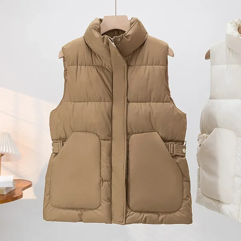 صدرية نسائية قطنية بياقة قائمة ، ملابس فضفاضة خارجية بدون أكمام ، موضة جديدة ، الخريف والشتاء ، صيحات الموضة