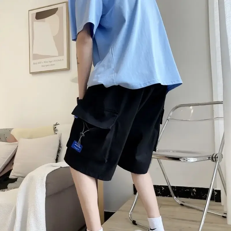 남성용 포켓 카키 롱 밴딩 허리 솔리드 버뮤다 카고 반바지 와이드 배기 하프 루즈 드로스트링 Y2k