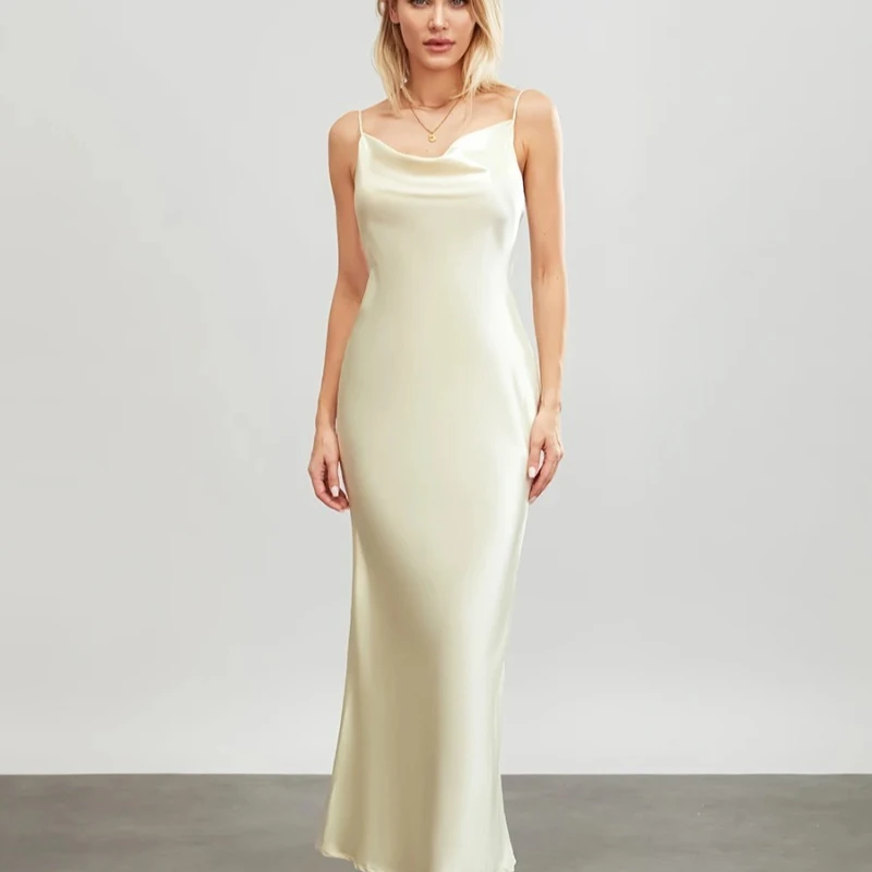 Abito lungo aderente da donna Tinta unita con cinturino per spaghetti Collo ad anello Abito senza maniche Abito estivo senza schienale Cami Canotta con una barca