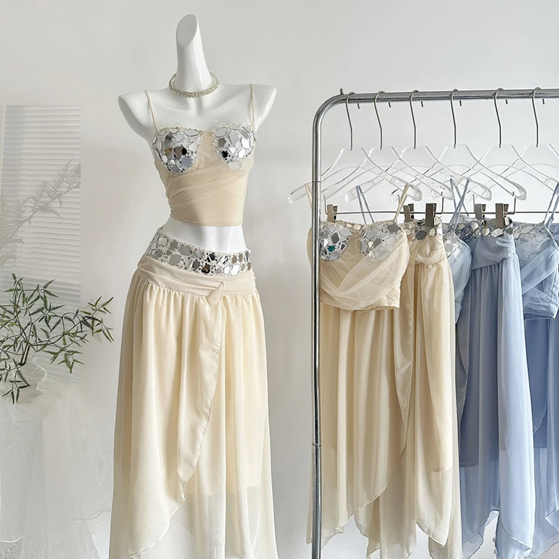 

Luxury Rhinestones Sexy Mesh Skirt Sets Women Outfit Summer Beach Dresses Korean Fashion Spaghetti Strap Evening Party Vestidos