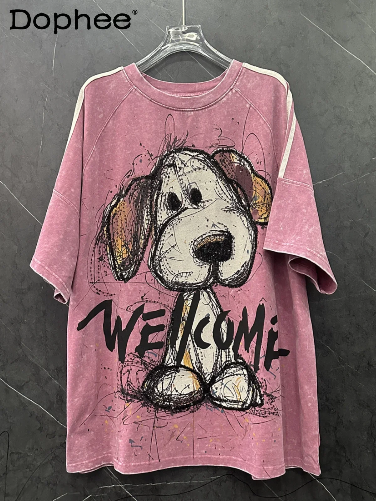 

Heavy Industry Design Sense Sequin Printing Cartoon Puppy Sweet Loose Short Sleeve T-Shirt Women's Versatile Half Sleeve Top