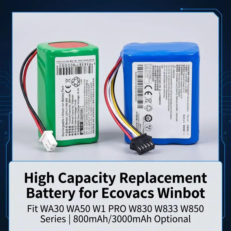 14.8V/22.2V Li-ion High Capacity Replacement Battery 800mAh/3000mAh Fit Ecovacs WA30 WA50 W1 PRO W830 W833 W836 W850 W860 Winbot