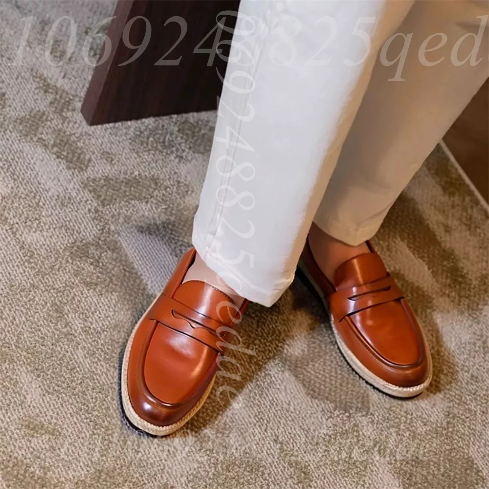 

Brown Leather Loafers, Slip-On Design Rope Wrapped Sole, Non-Slip Rubber Outsole, Comfortable Durable Casual Footwear for Men