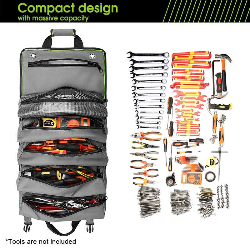 Roll Up Tool Bag, Multi-pockets Tool Organiser 600 Denier with 6 Interior Pockets, 68x36cm, Ideal for Craftsmen, Electricians