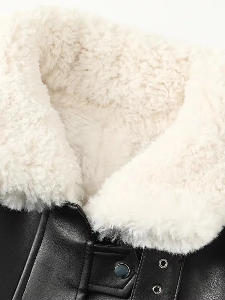 マウロイカルディ 秋冬 ルーズ 厚手 暖かい ブラック PUレザー ジャケット レディース フェイクファー付き 裏地と襟がファーのパーカー 2025