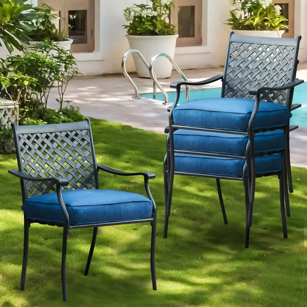 Dining Chairs Stackable Outdoor Chairs Dining Furniture Set of 4,All Weather Frame with Thick Cushion for Porch,Yard,Balcony