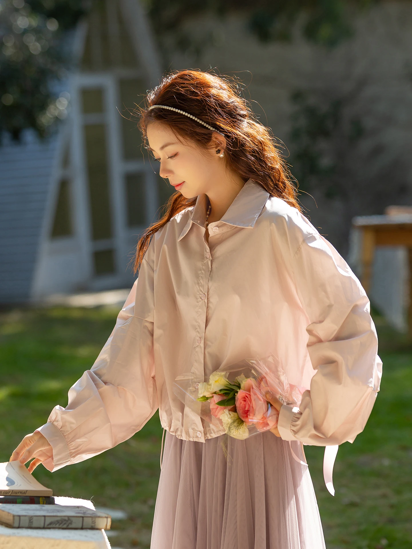 

Розовый длинный рукав, женский топ с милым дизайном, рукава-фонарики, цвет Left Bank, весна, новинка, смесь хлопка