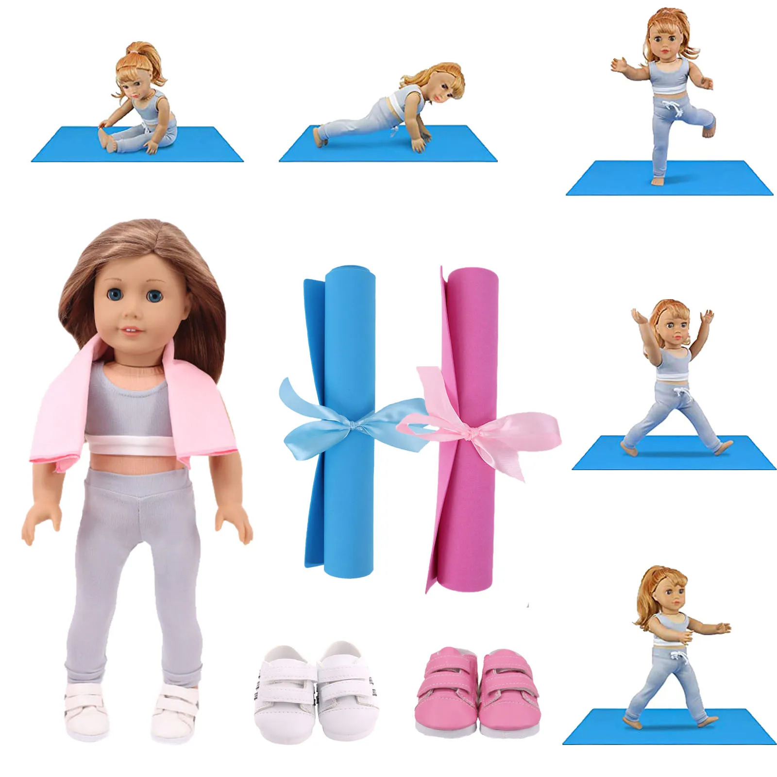 Doll Clothes Shoes Yoga Pilates Clothes Yoga Mat Yoga Outfits Towel for American 18 Inch Girl Doll 43cm Born Baby Accessories